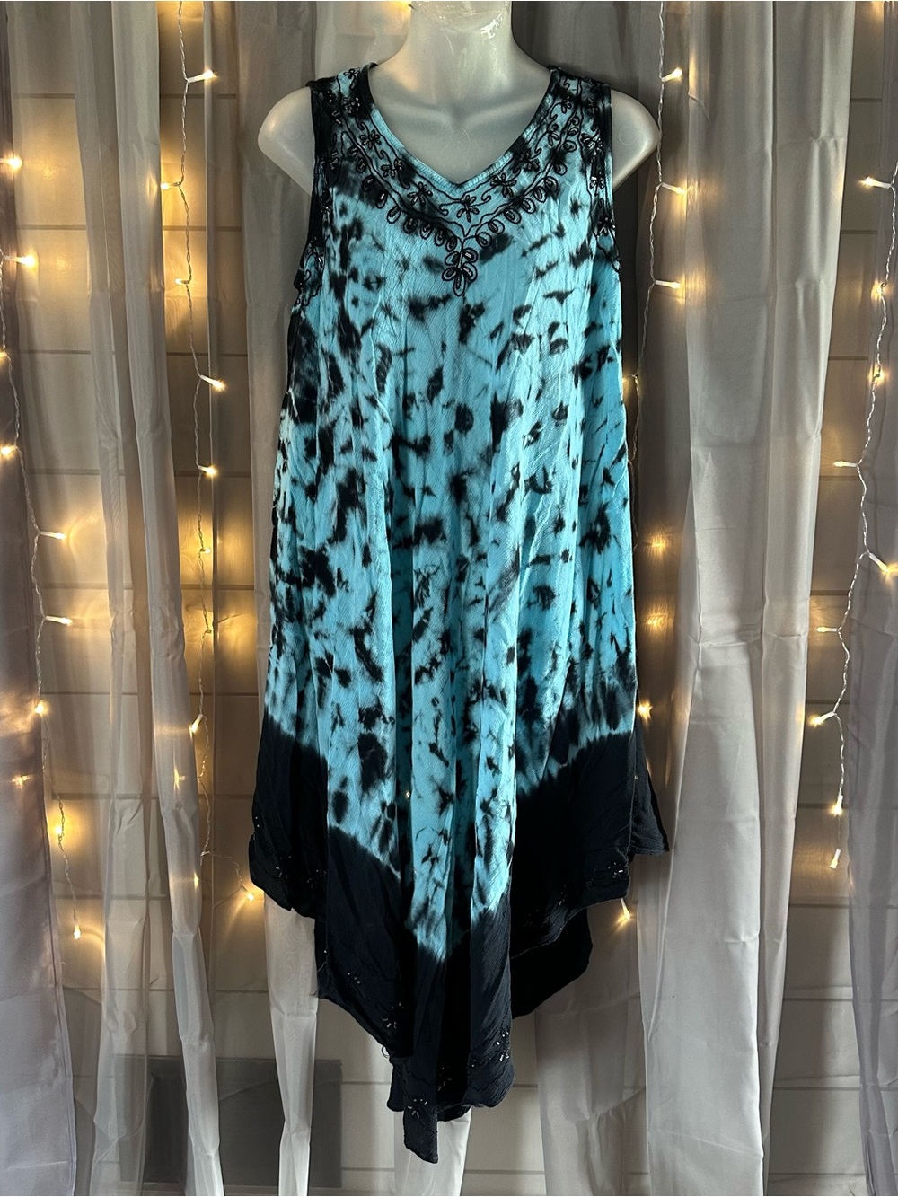 Blue and black tie-dye beaded tunic dress Sz L